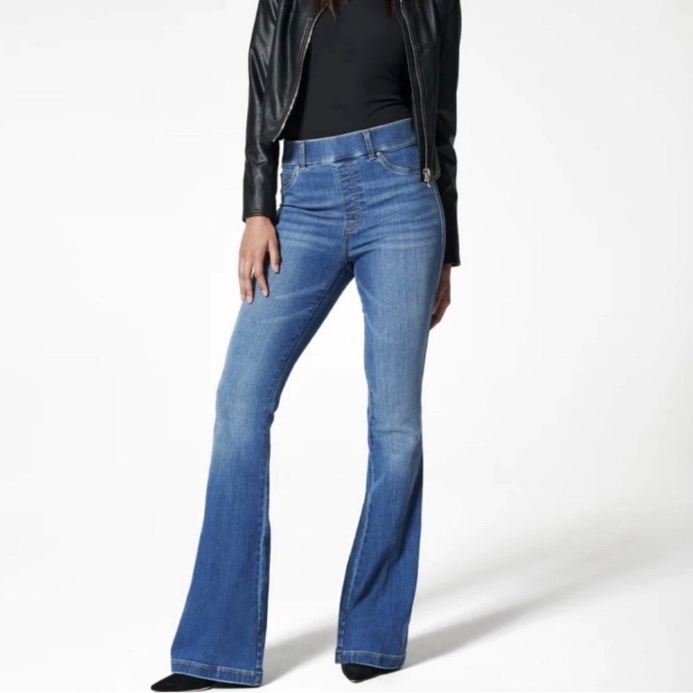 Spanx Western Cowgirl Wide Leg Flare Bell Bottom Pull On Jeans Tall Dark Medium